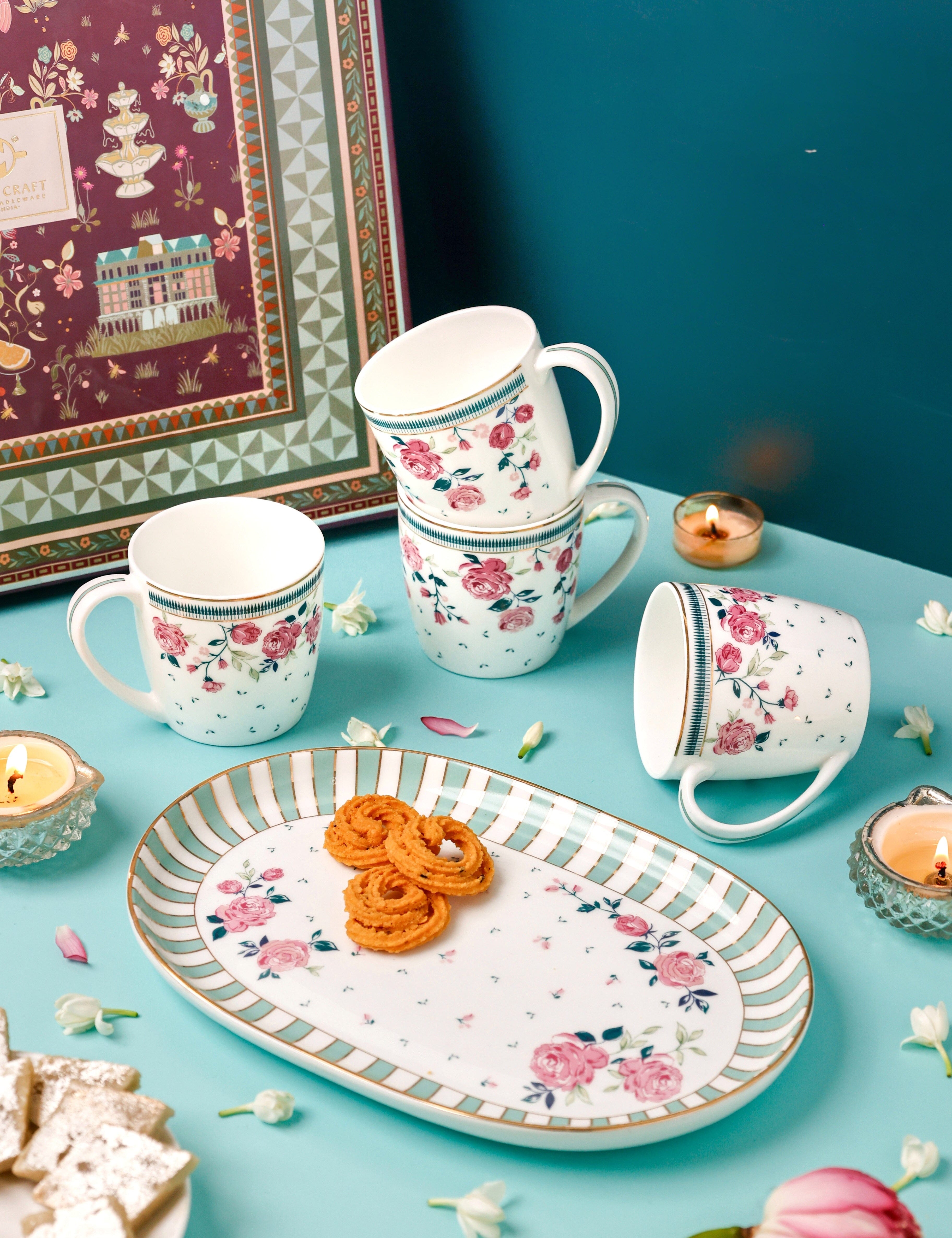 Magique by The Wishing Chair x ClayCraft : Portrait of Rose - Celebrations Giftbox | Set of 4 Mugs & Platter