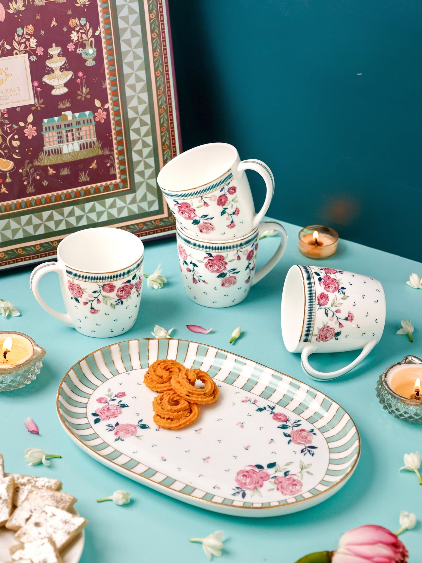 Magique by The Wishing Chair x ClayCraft : Portrait of Rose - Celebrations Giftbox | Set of 4 Mugs & Platter