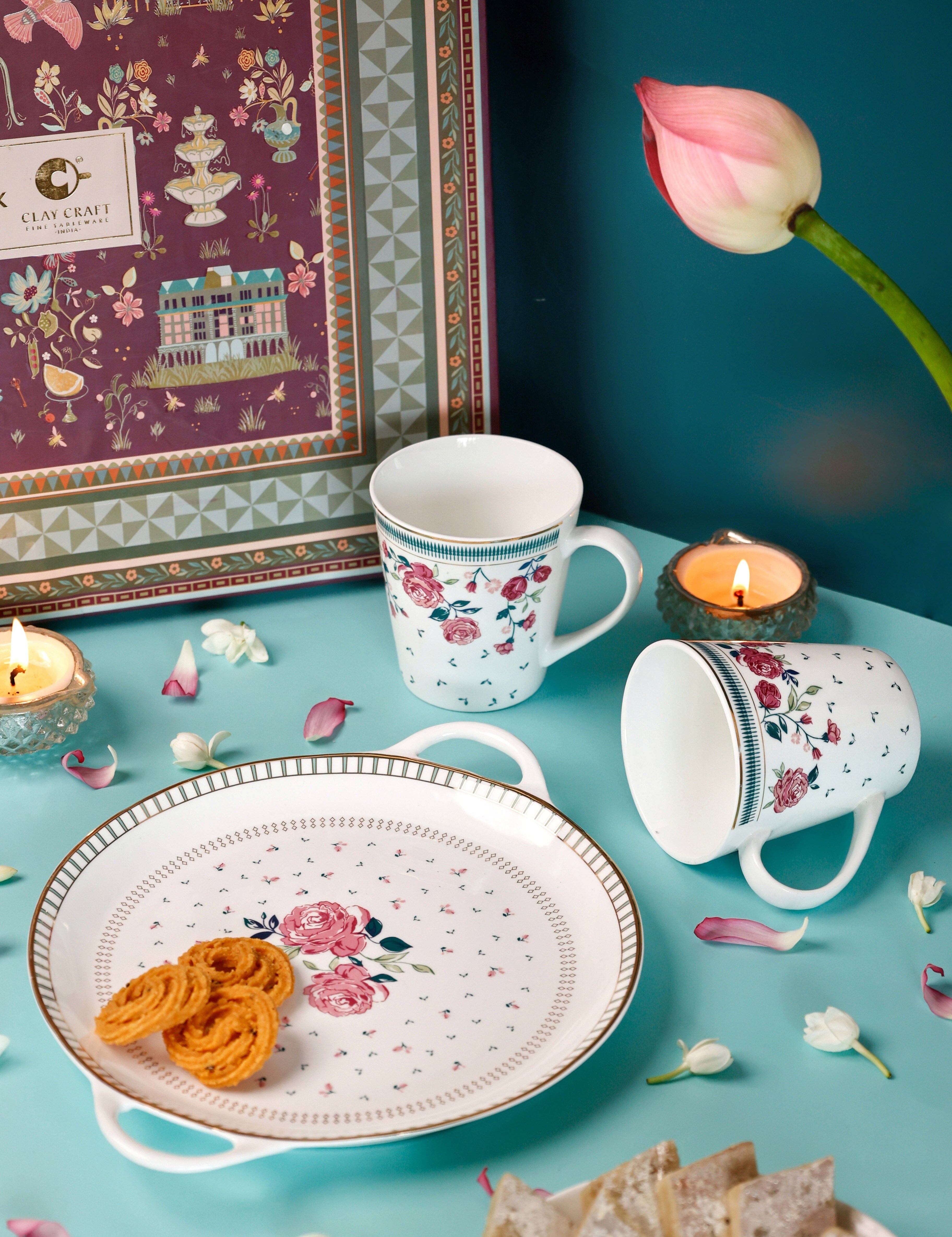 Magique by The Wishing Chair x ClayCraft : Portrait of Rose - Lustre Giftbox | Set of 2 Mugs & Tawa Platter