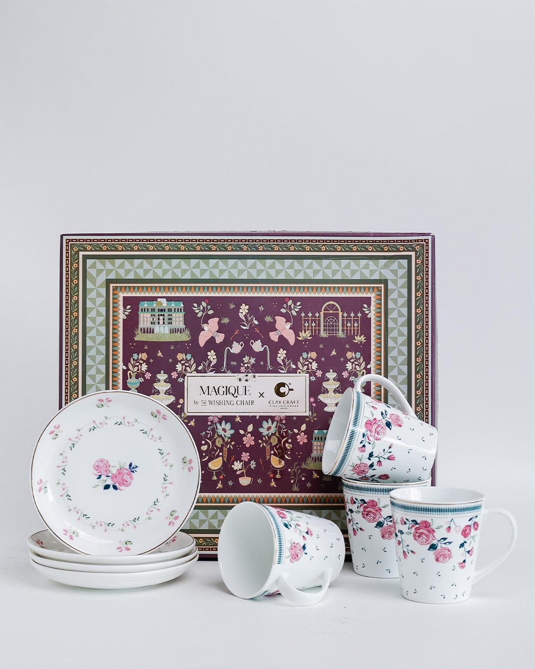 Magique by The Wishing Chair x ClayCraft : Portrait of Rose - Twilight Bloom Giftbox | Set of 4 Snack Plates and 4 Mugs
