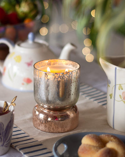 Peach-metallic Shimmer Hourglass Soy Wax Candle in Hand Blown Glass