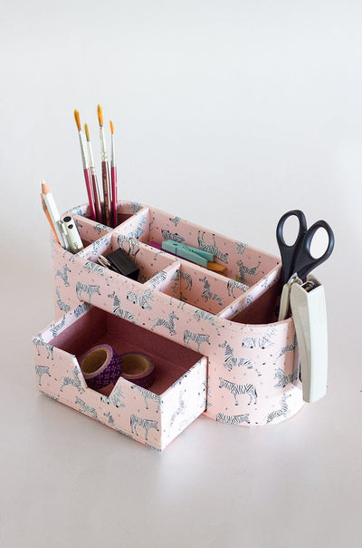 Pearlised Paper Leather 7 in 1 Desk Organiser - Pink Safari