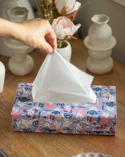 Pearlised Paper Leather Tissue Box- Blue Meadow