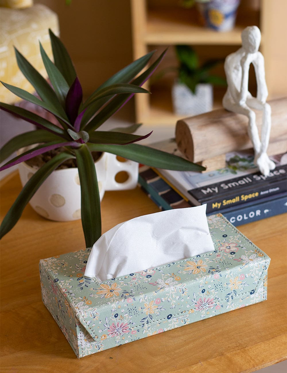 Pearlised Paper Leather Tissue Box- Mint Magnolias