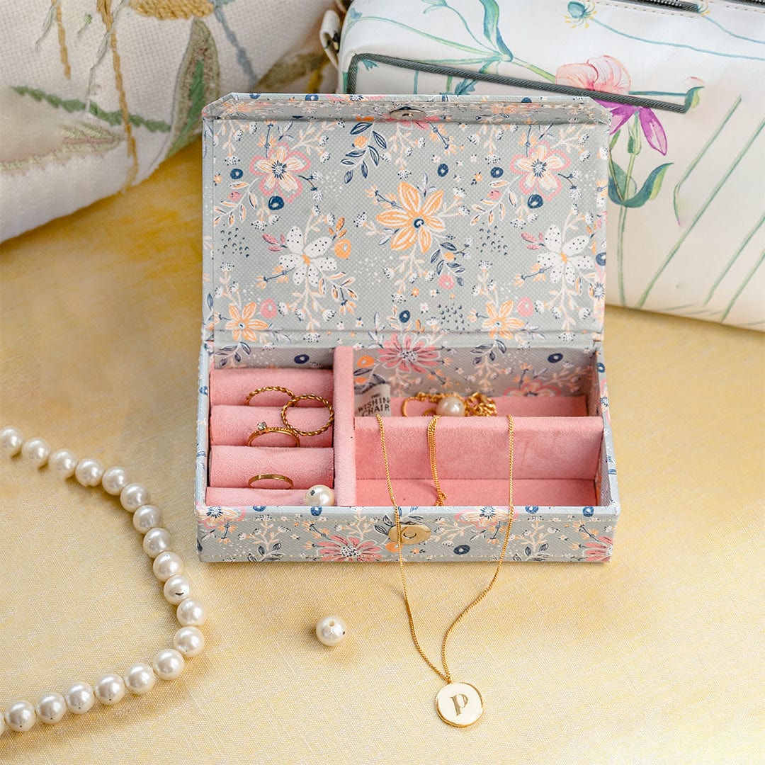 Pearlised Paper Leather Travel Jewellery Box Small - Garden Fog
