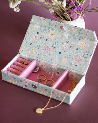 Pearlised Paper Leather Travel Jewelley Box- Mint Magnolias