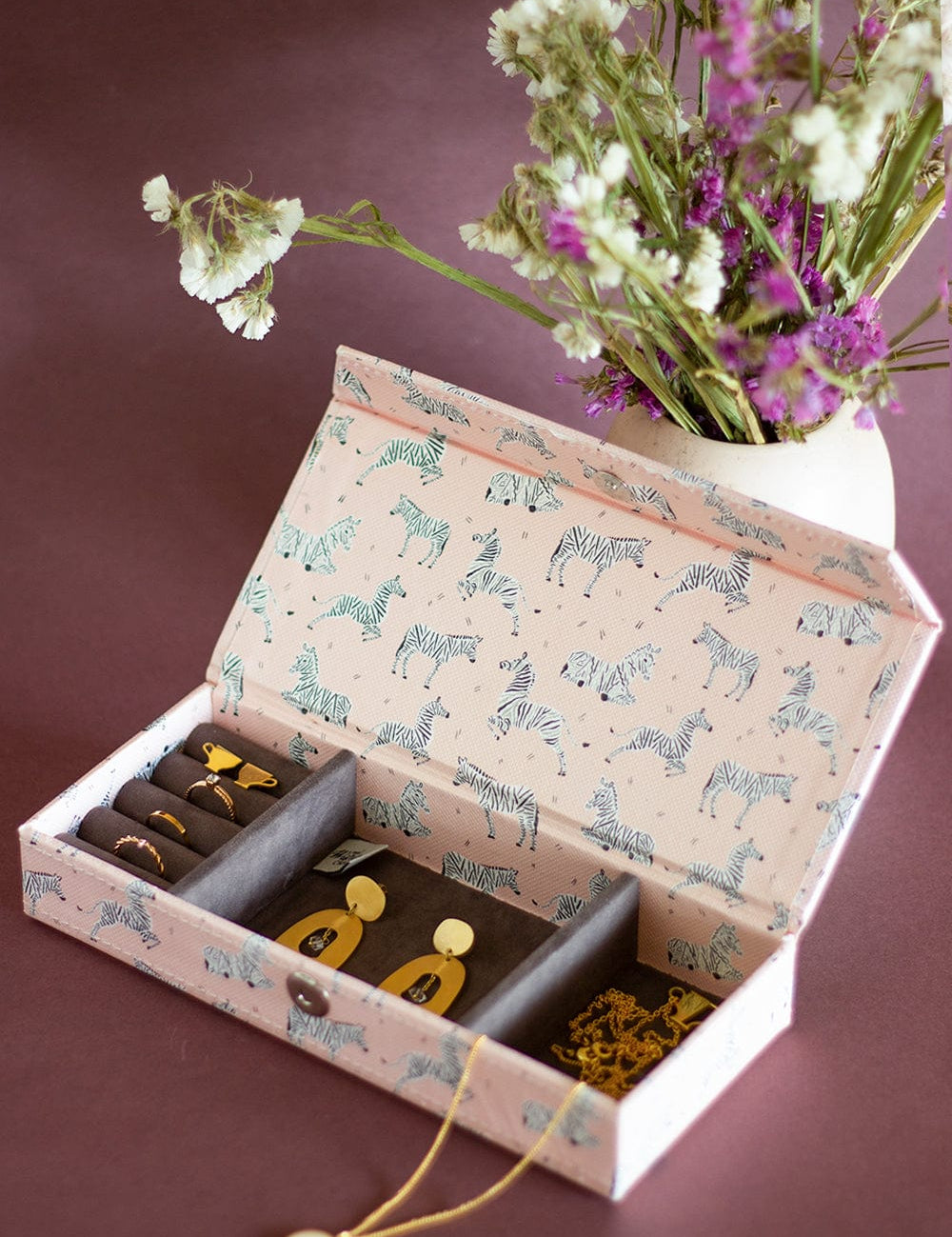 Pearlised Paper Leather Travel Jewelley Box -Pink Safari