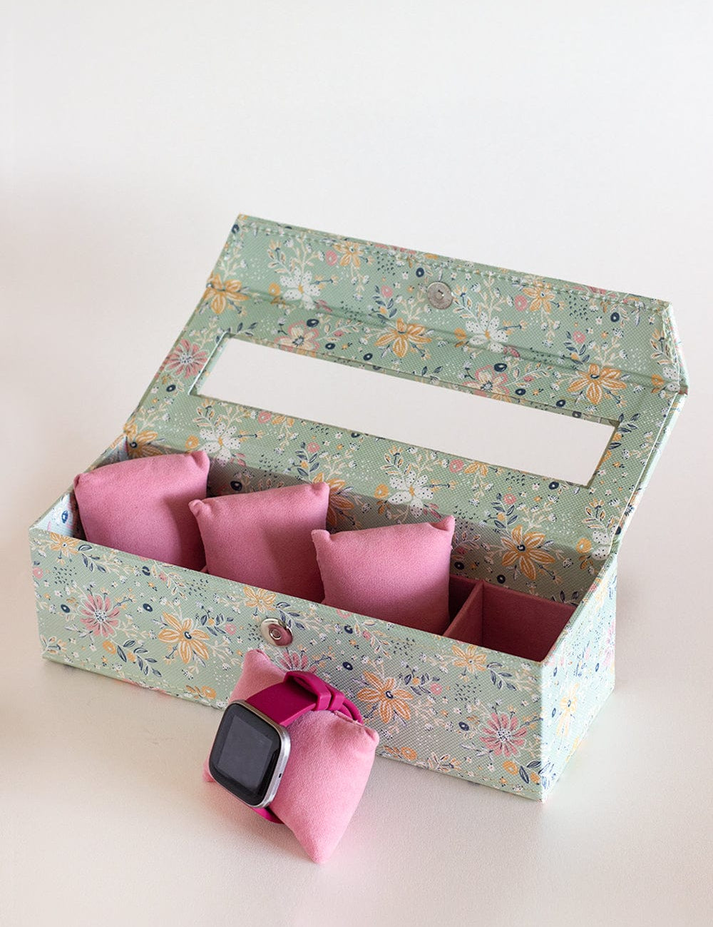 Pearlised Paper Leather Watch Box with 4 compartments- Mint Magnolias