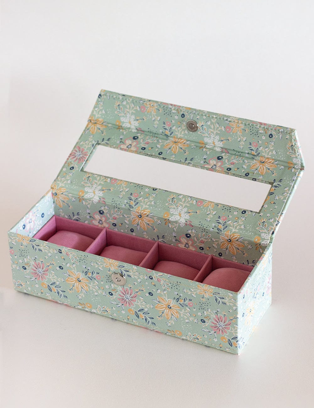Pearlised Paper Leather Watch Box with 4 compartments- Mint Magnolias