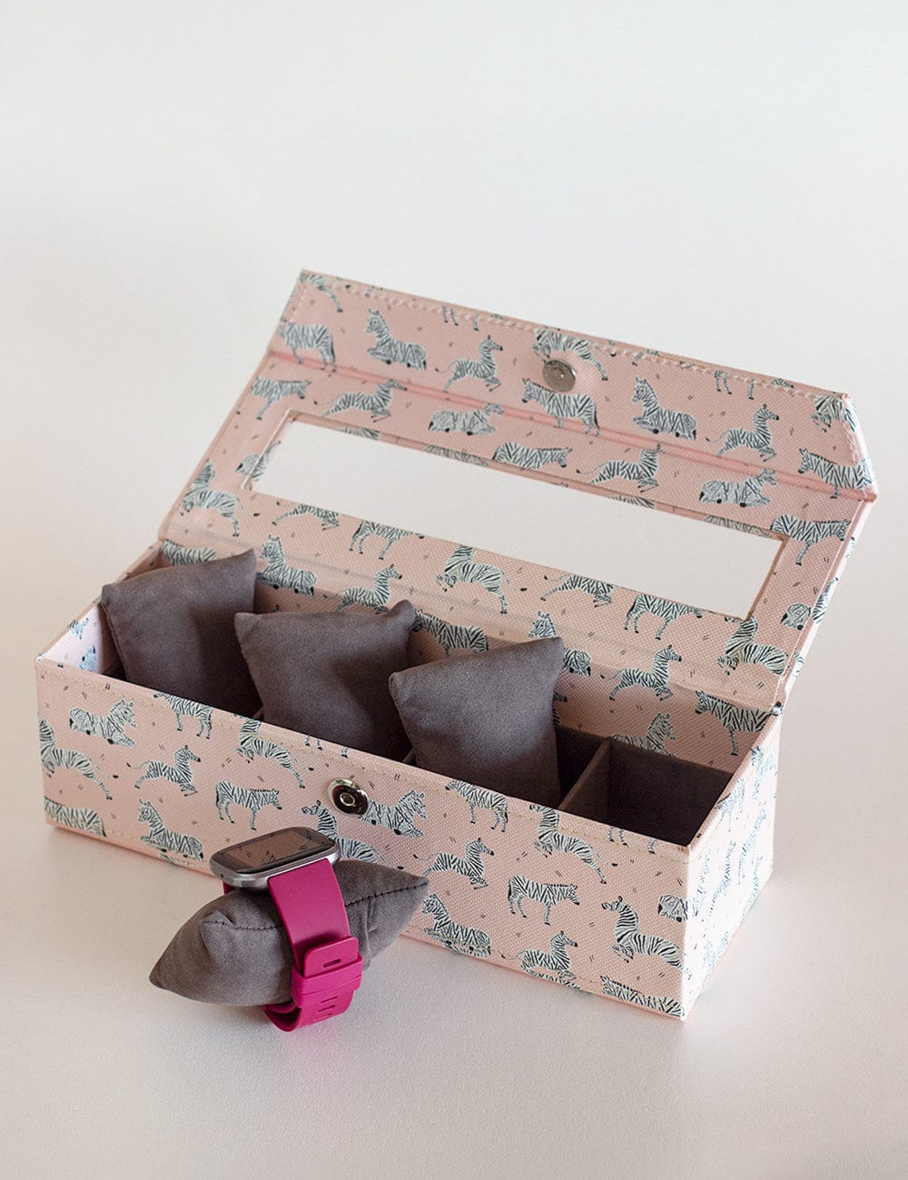 Pearlised Paper Leather Watch Box with 4 compartments - Pink Safari