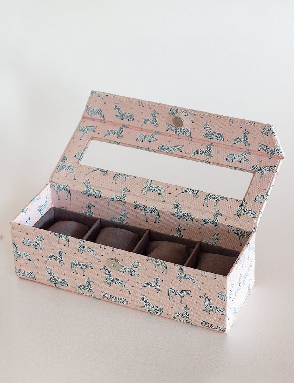 Pearlised Paper Leather Watch Box with 4 compartments - Pink Safari