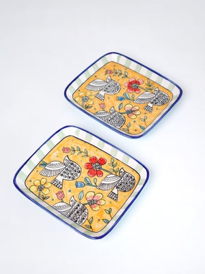 Perch Handpainted Ceramic Square Platter - Set of 2