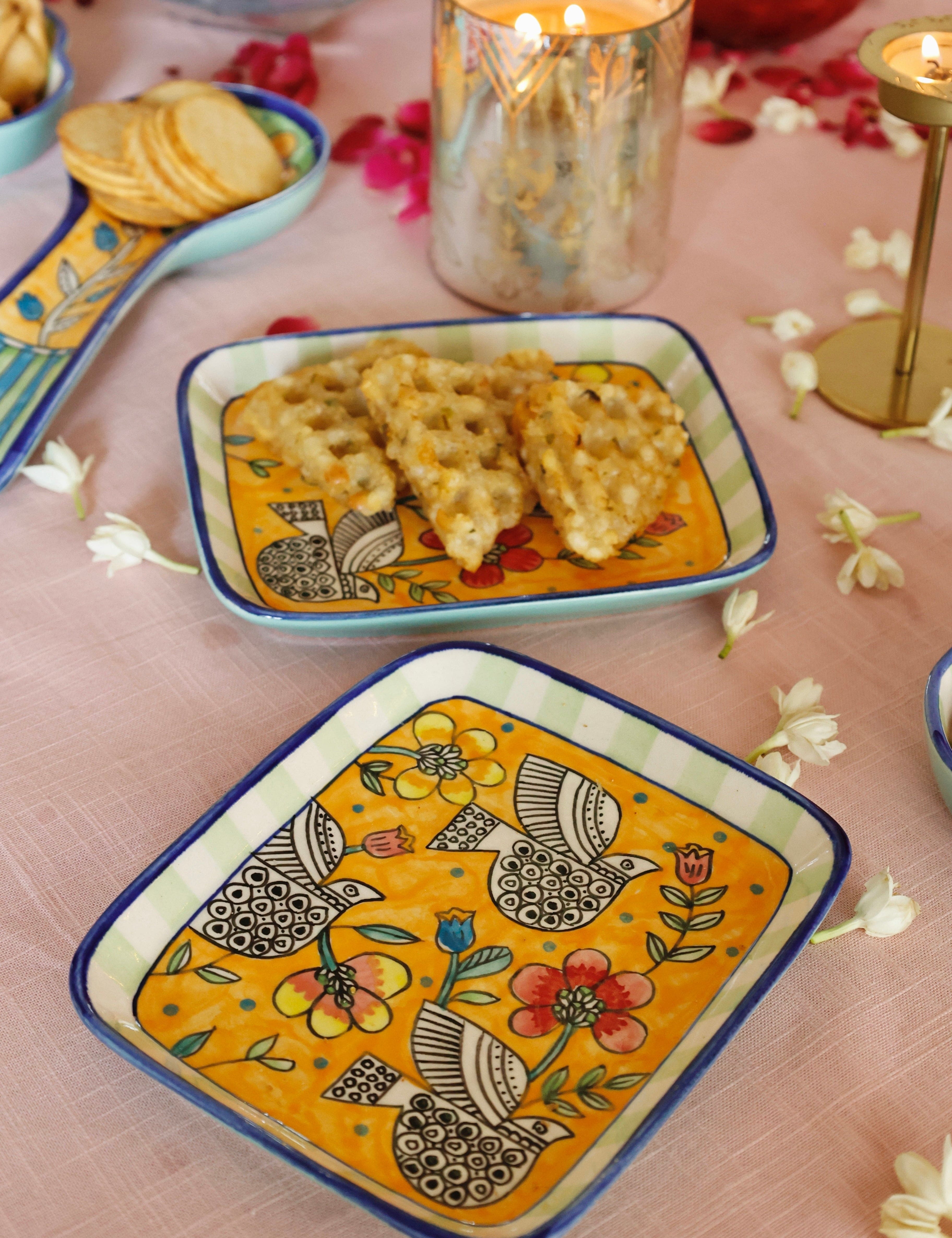 Perch handpainted ceramic square platters set of 2 by The Wishing Chair