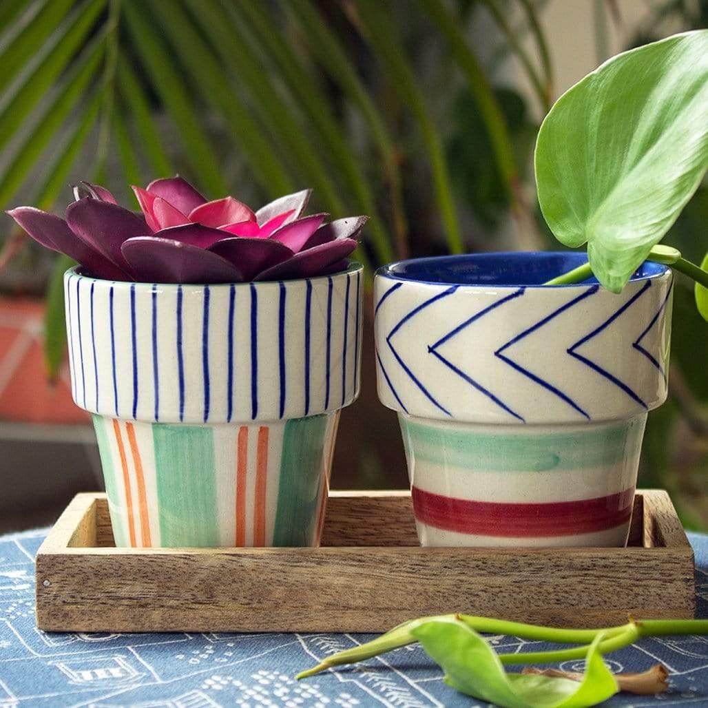 Planter- Set of 2 With Wooden Tray