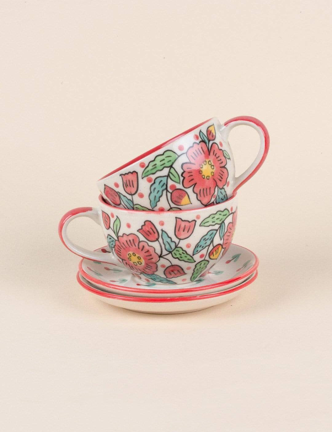 Poppy Petals Handpainted Cup & Saucer - Set Of 2