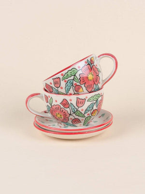 Poppy Petals Handpainted Cup & Saucer - Set Of 2