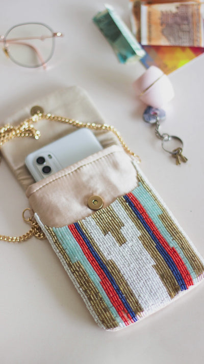 Zoey Hand Embroidered Phone Bag & Cards Holder with Cross body Chain