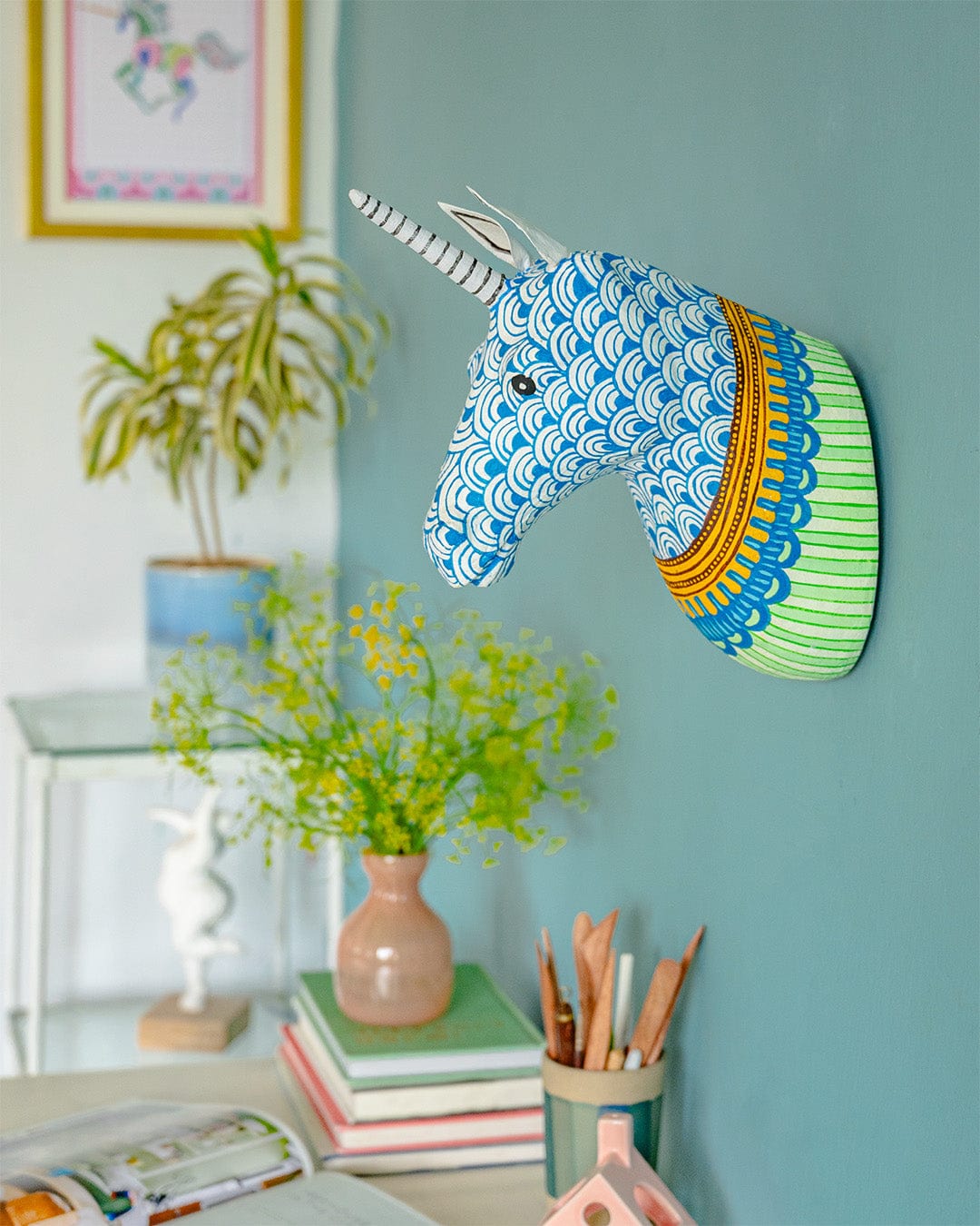 Psychedelic Unicorn Handpainted Paper mache Wall Decor Head