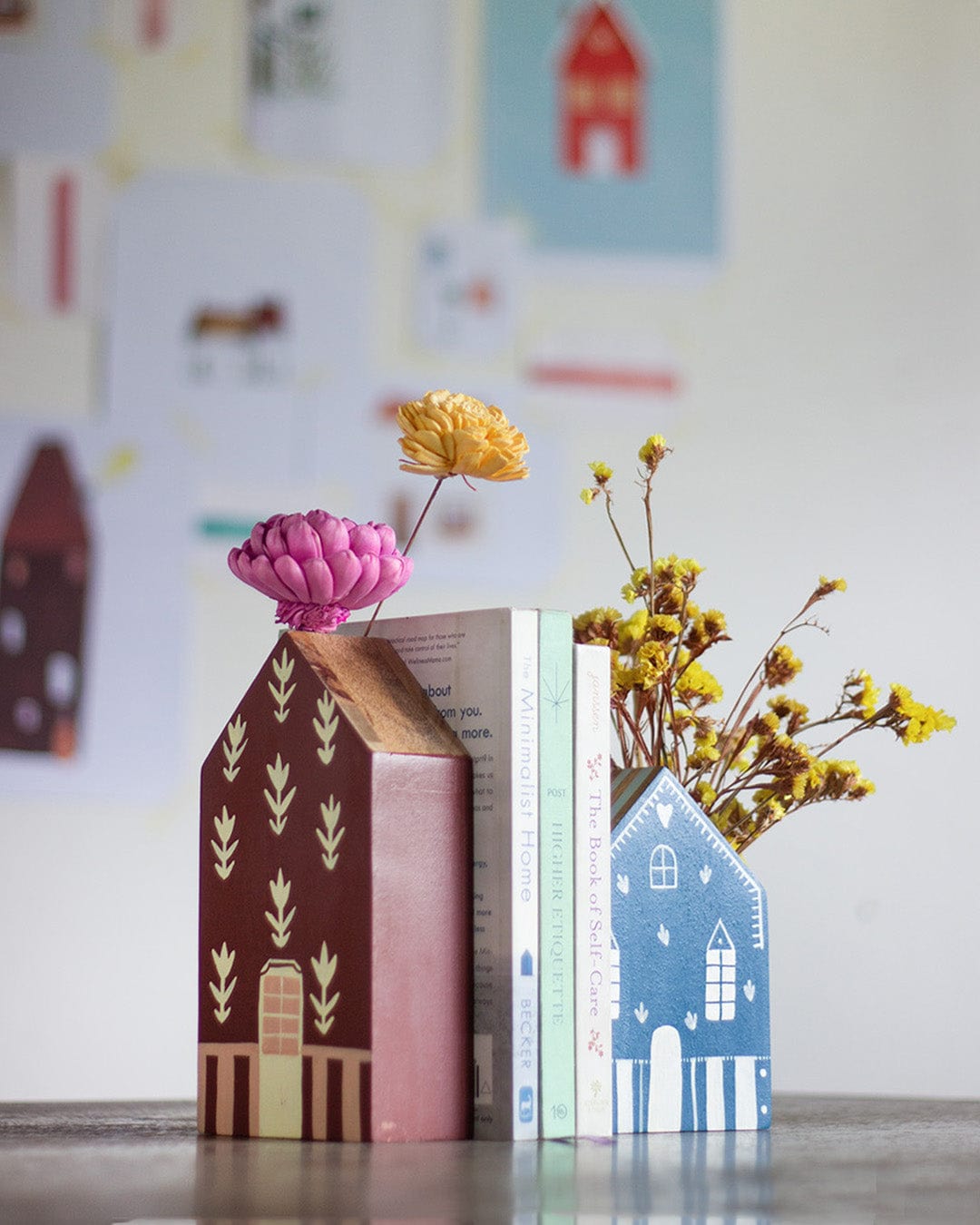 Reading Roofs house-shaped handpainted wooden bookends, set of 2 | The Wishing Chair