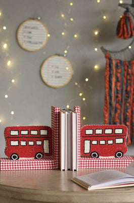 Red Bus Beaded Embroidery Bookends