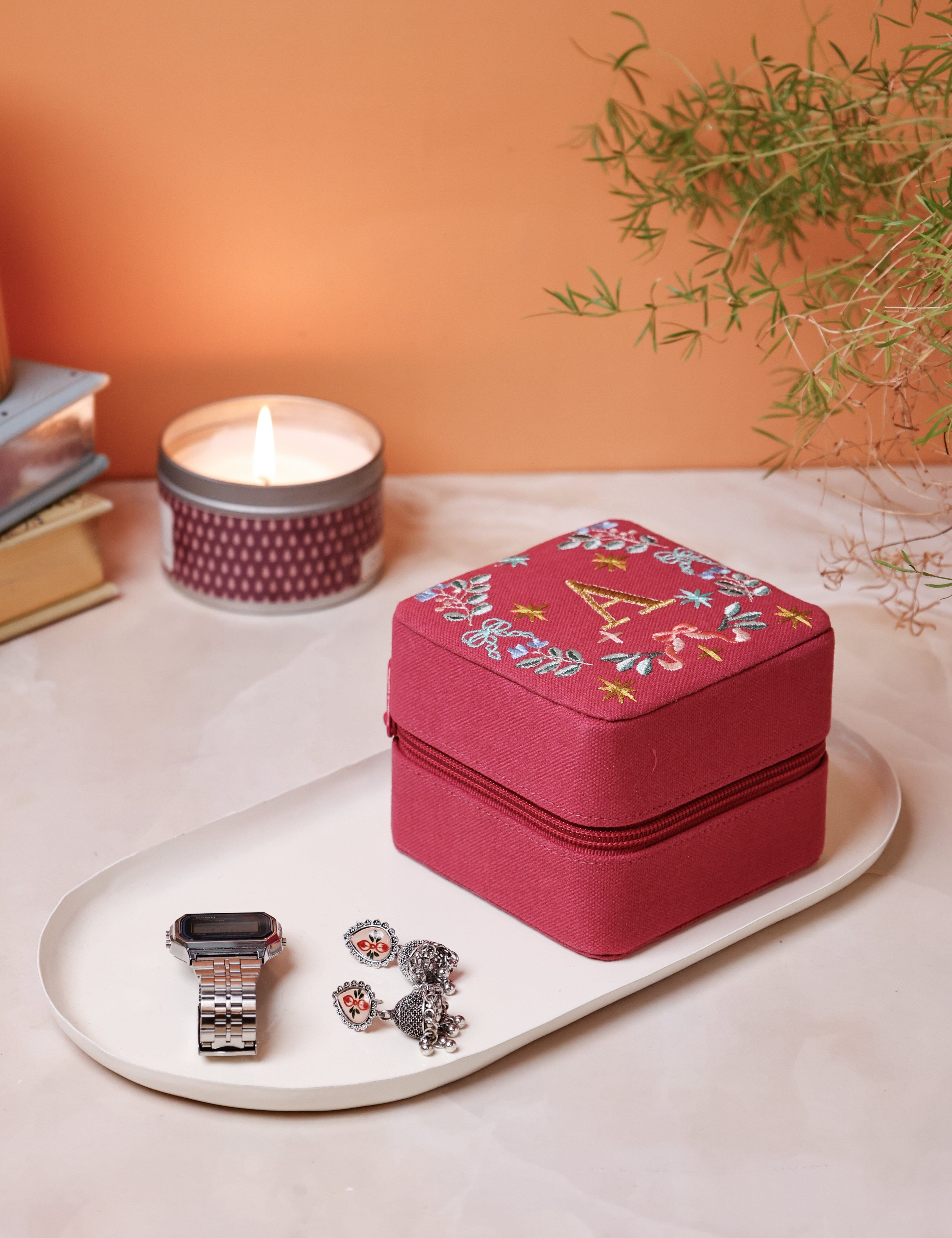 Secret Garden embroidered canvas mini jewellery box with floral monogram | The Wishing Chair