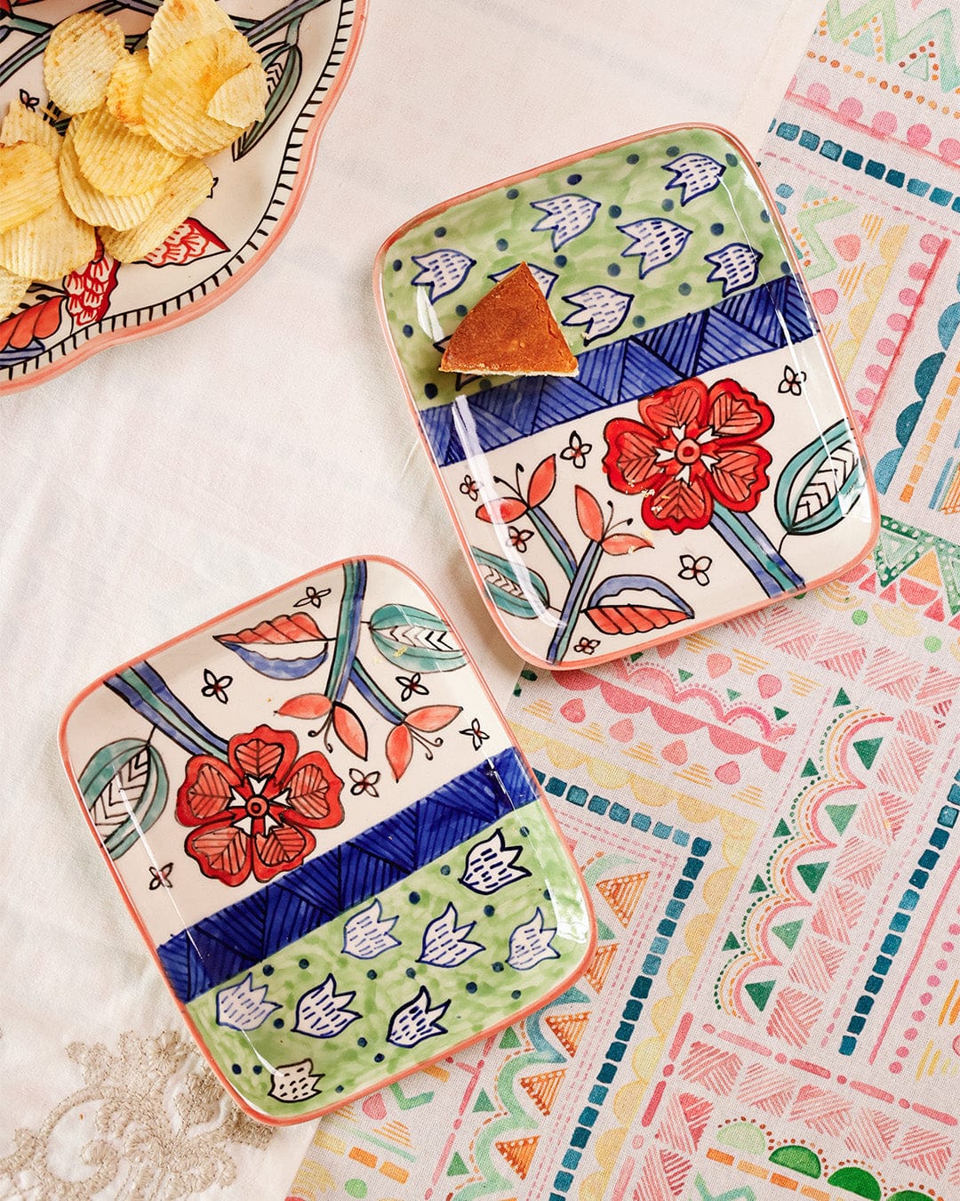 serveware Dance in a Flowerbed Ceramic Square Platters- Set of 2