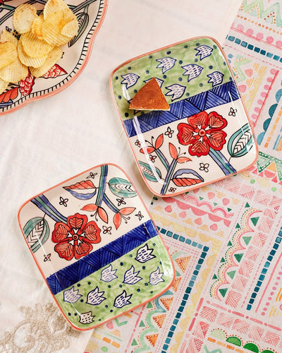 serveware Dance in a Flowerbed Ceramic Square Platters- Set of 2