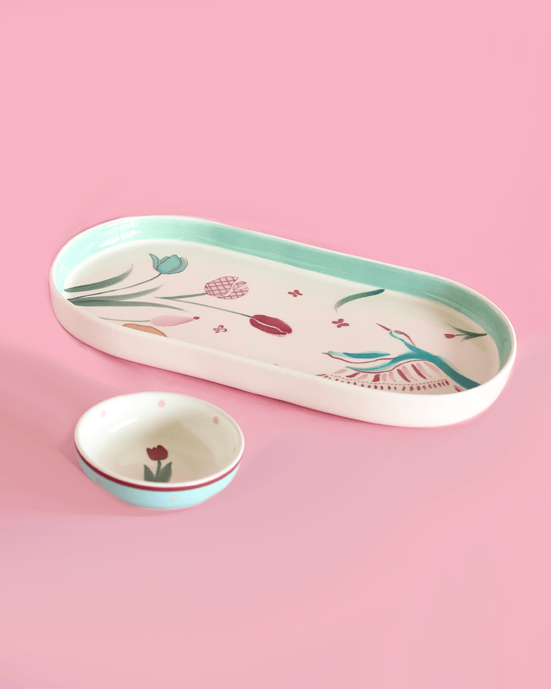 Skylark Handpainted Ceramic Oval Platter & Nutbowl