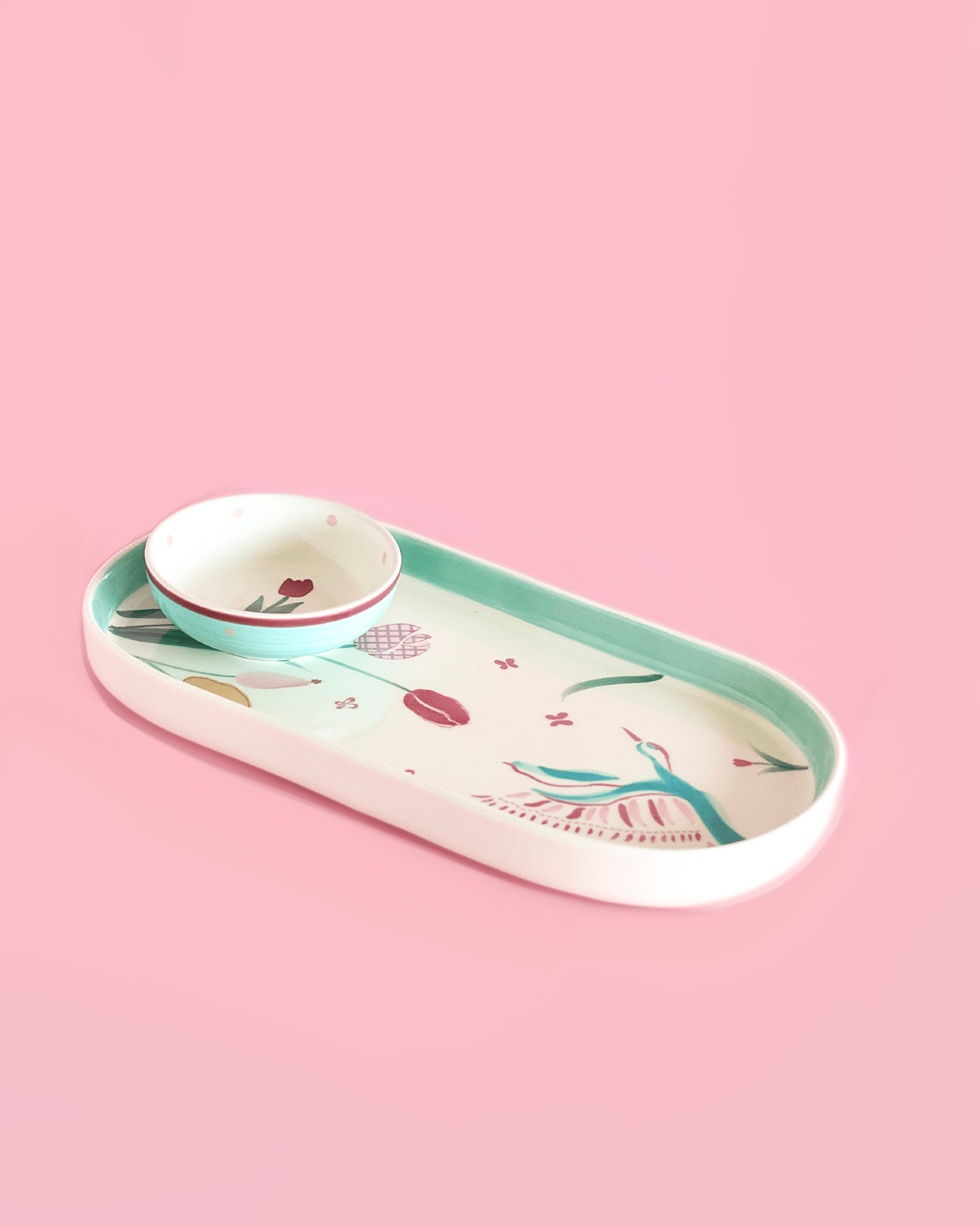 Skylark Handpainted Ceramic Oval Platter & Nutbowl