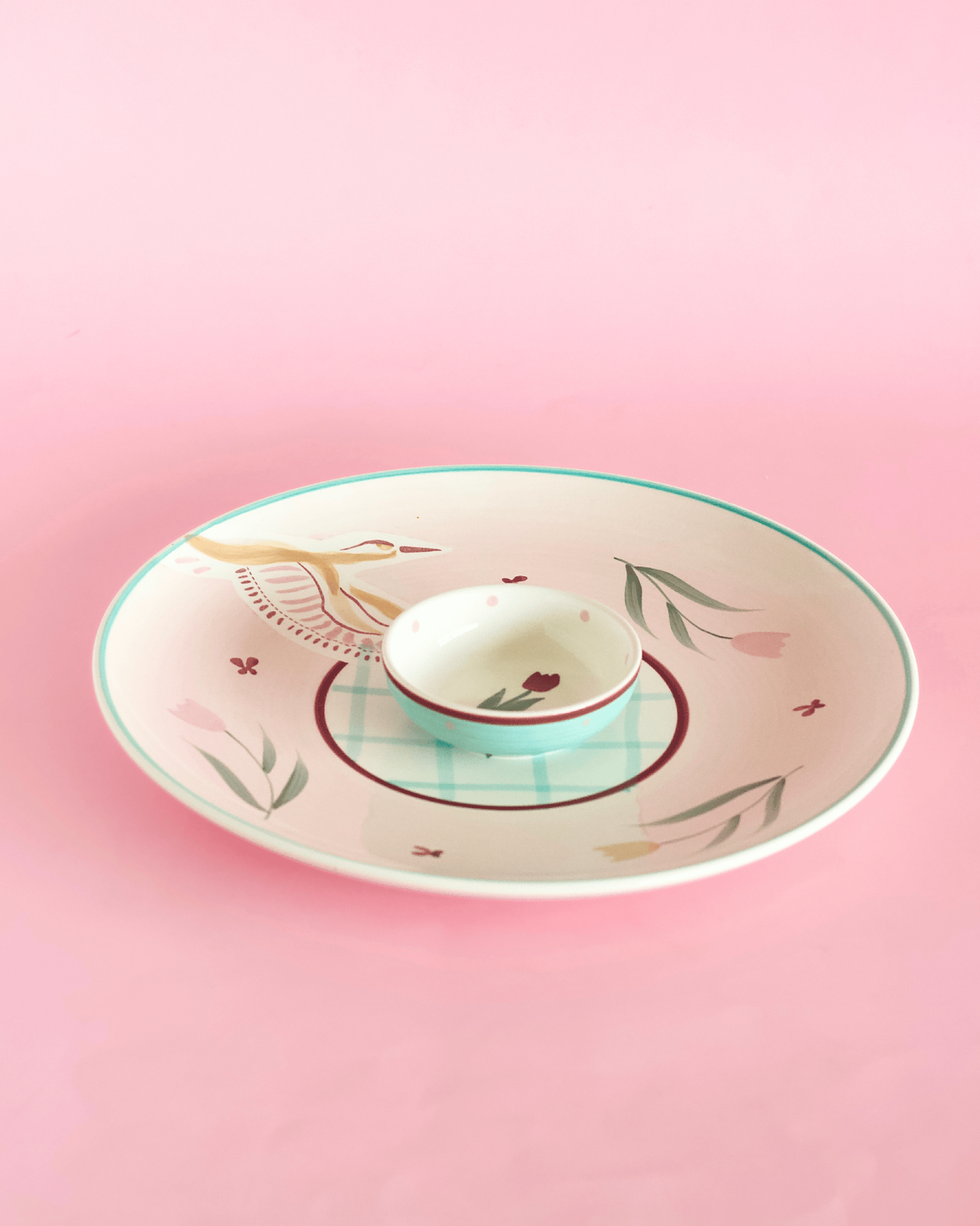 Skylark Handpainted Ceramic Round Plate & Nutbowl