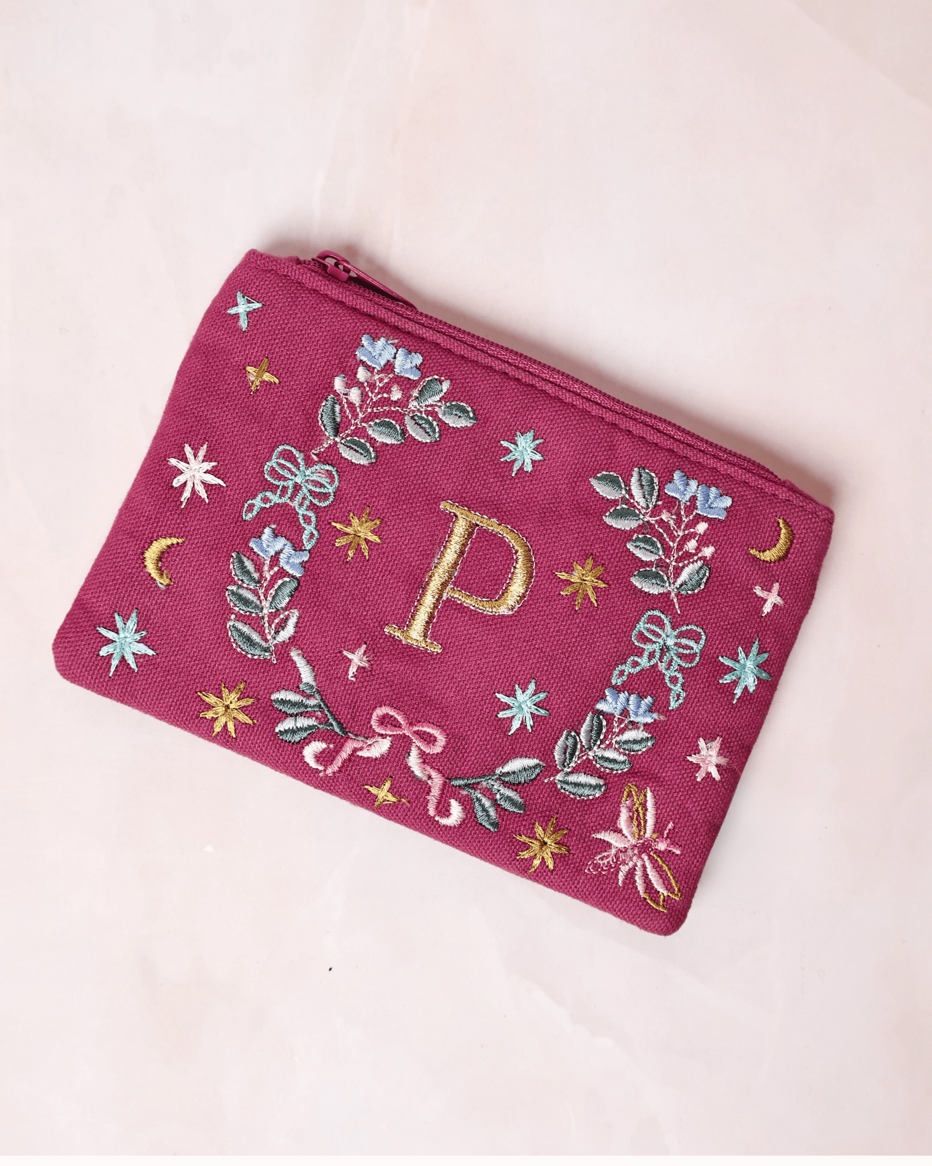 Monogram P - Secret Garden Embroidered Monogram Coin Pouch | The Wishing Chair
