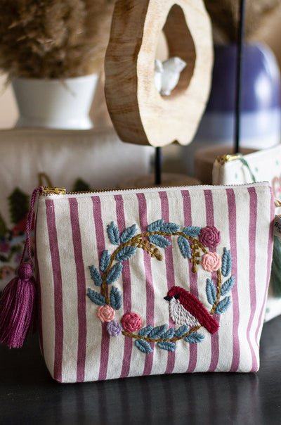 Storage Birds On A Wreath Embroidered Pouch