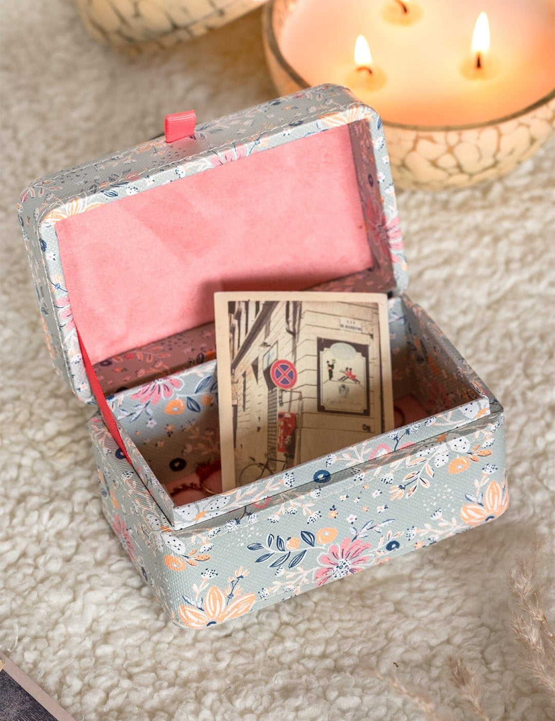 Storage Pearlised Paper Leather Mini Memento box- Garden Fog