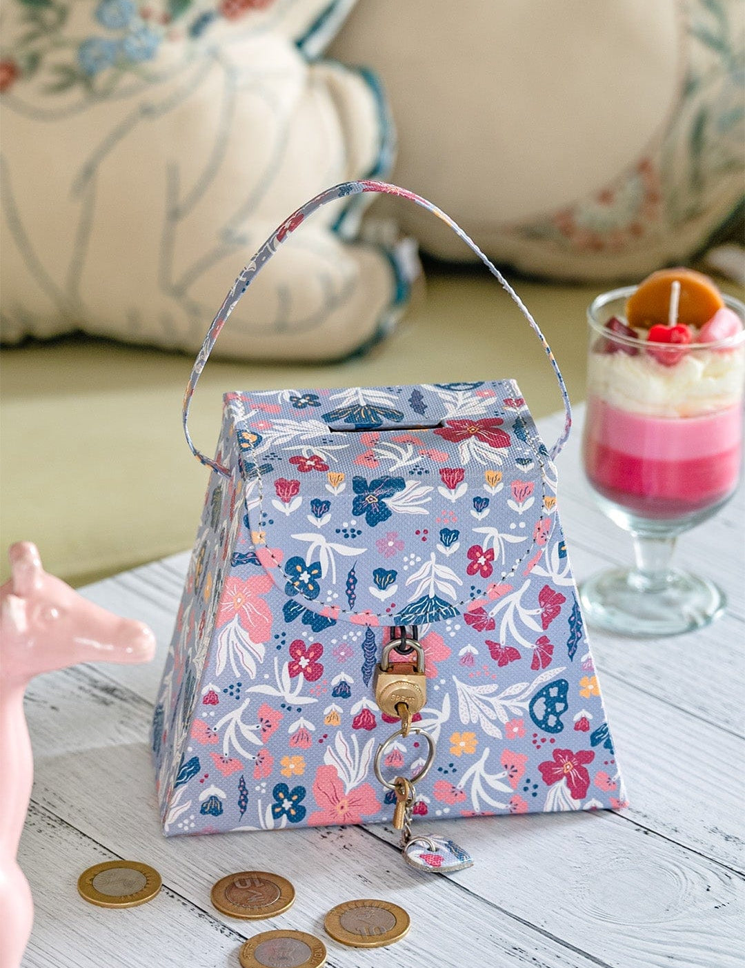 Storage Pearlised Paper Leather Triangle Piggy Bank- Blue Meadow