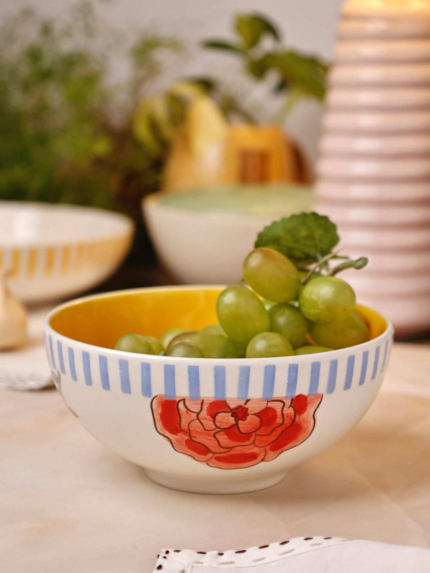 Stripe & Stem Handpainted Ceramic Bowl 15 cms