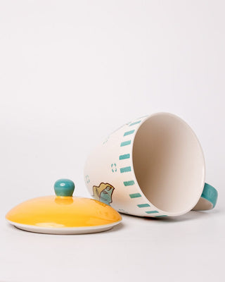 Stripe & Stem Handpainted Ceramic Coffee Mug with Lid 325ml