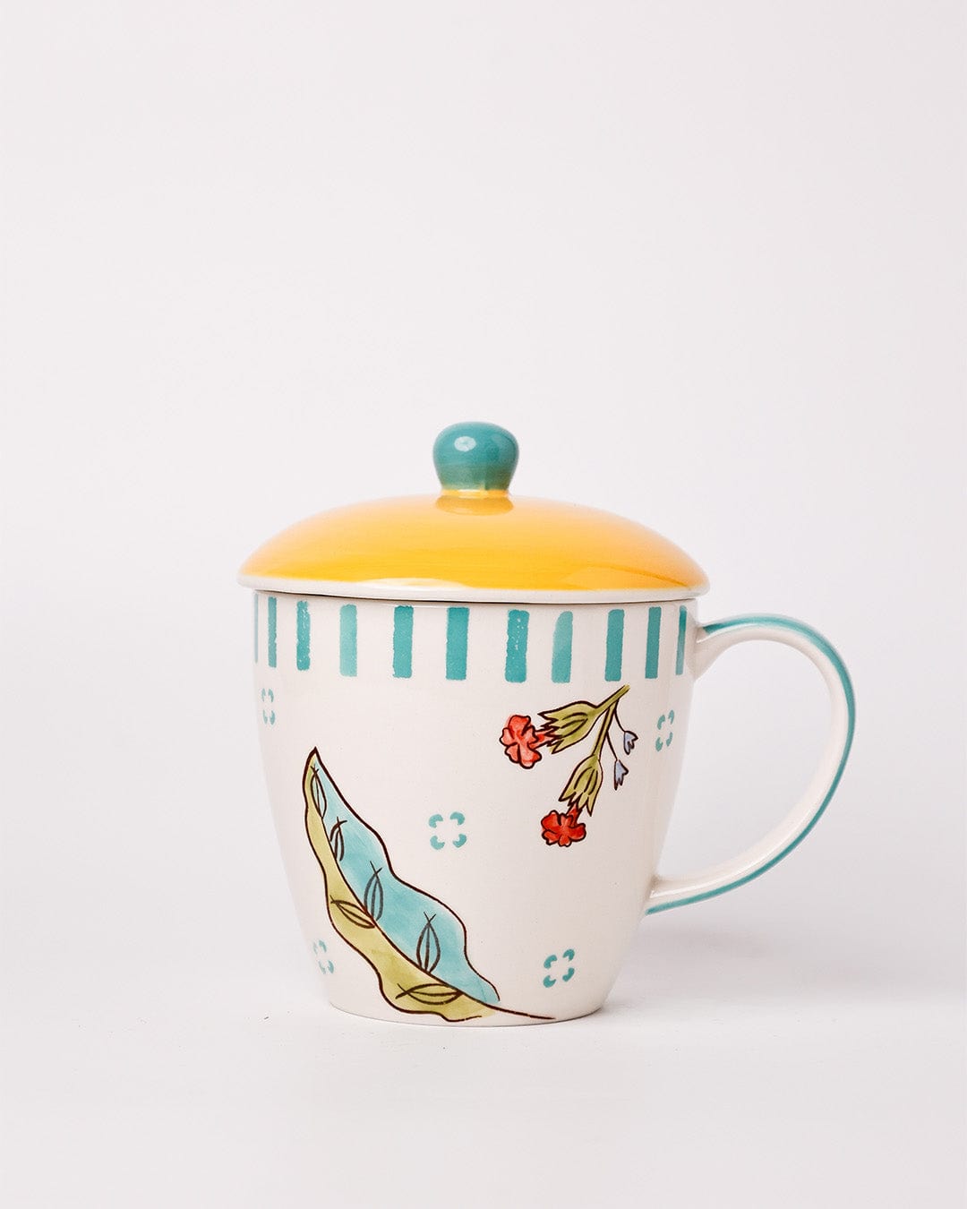 Stripe & Stem Handpainted Ceramic Coffee Mug with Lid 325ml | The Wishing Chair