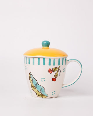 Stripe & Stem Handpainted Ceramic Coffee Mug with Lid 325ml