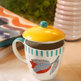 Stripe & Stem Handpainted Ceramic Coffee Mug with Lid 325ml | The Wishing Chair