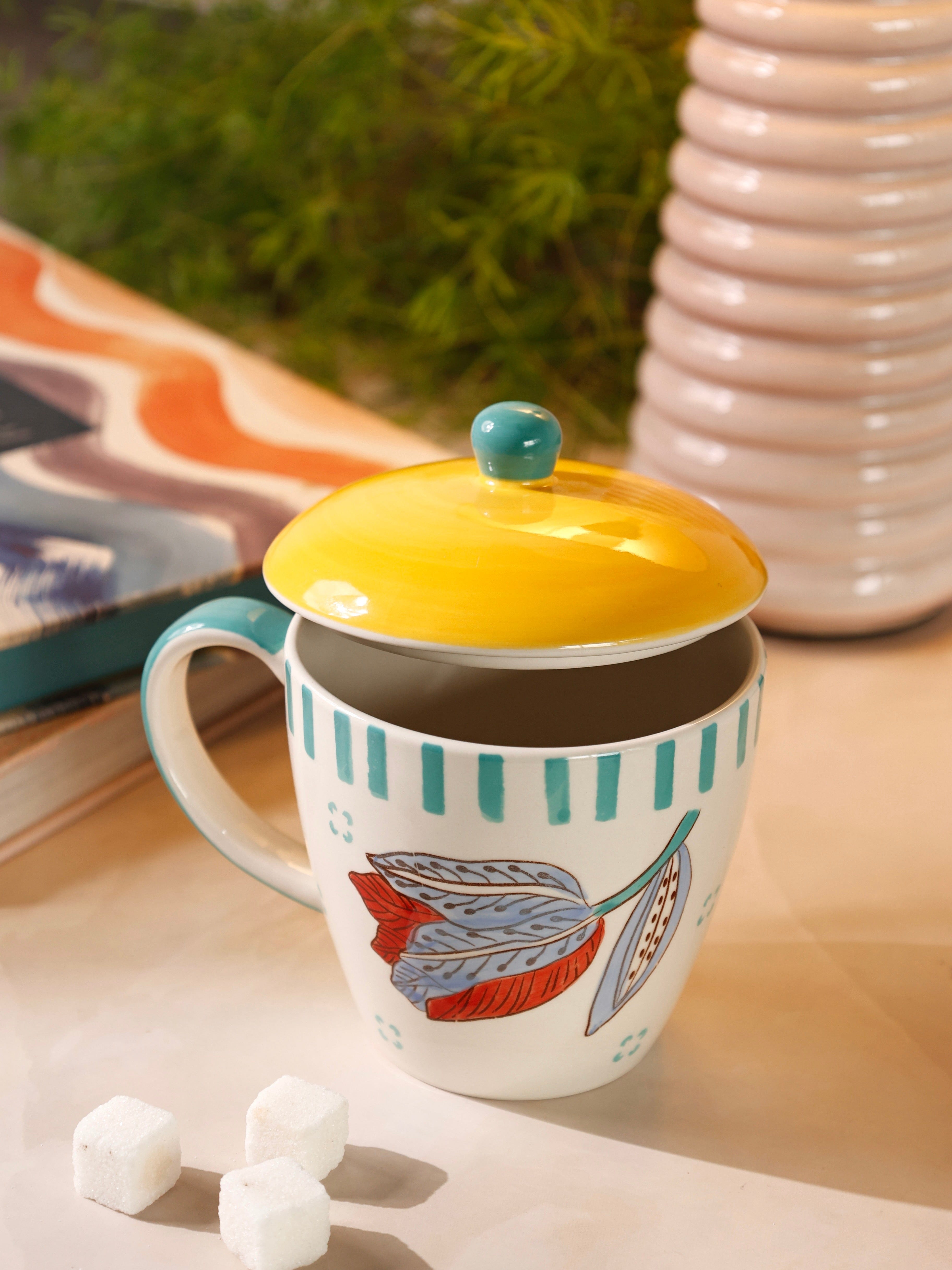 Stripe & Stem Handpainted Ceramic Coffee Mug with Lid 325ml | The Wishing Chair