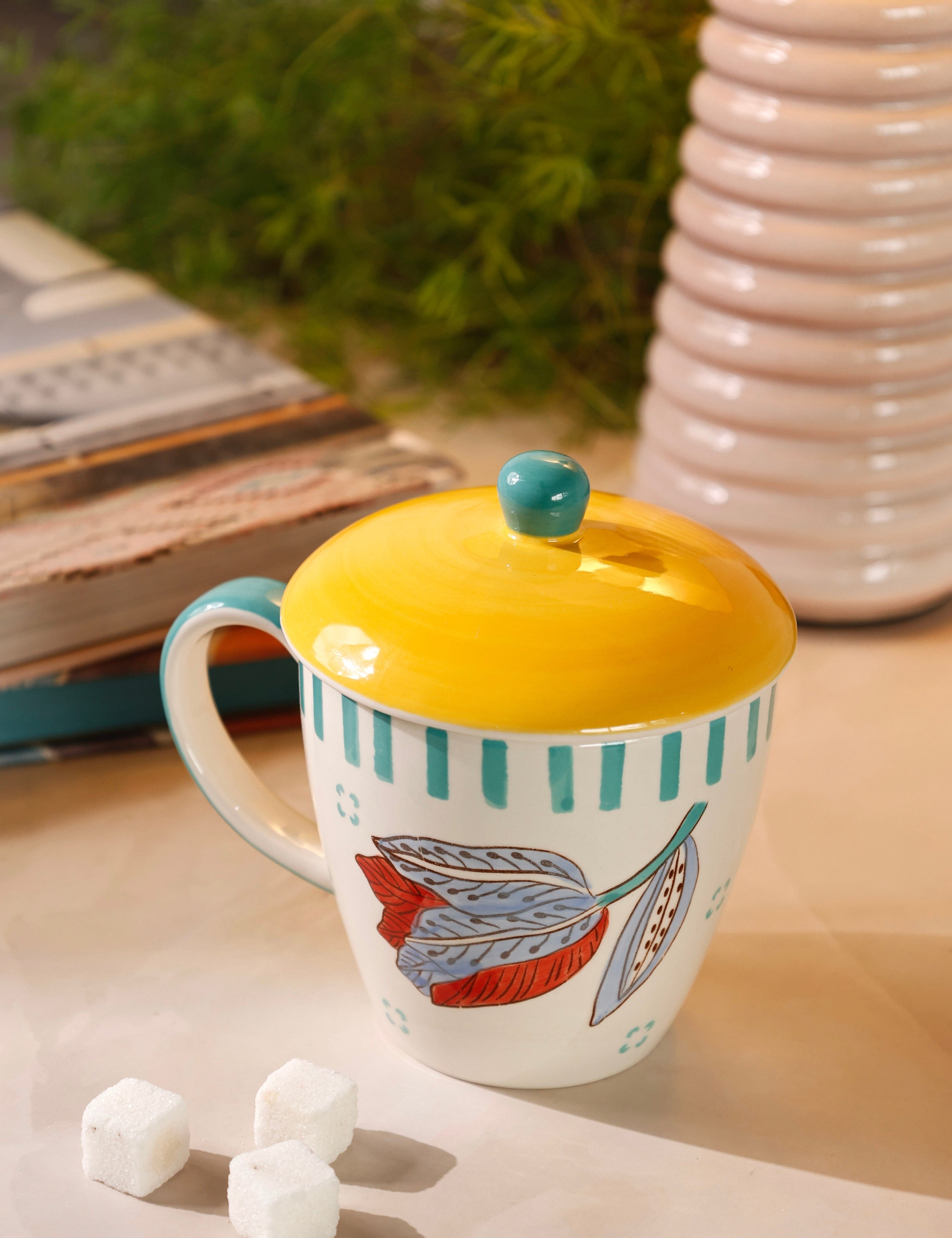 Stripe & Stem Handpainted Ceramic Coffee Mug with Lid 325ml | The Wishing Chair