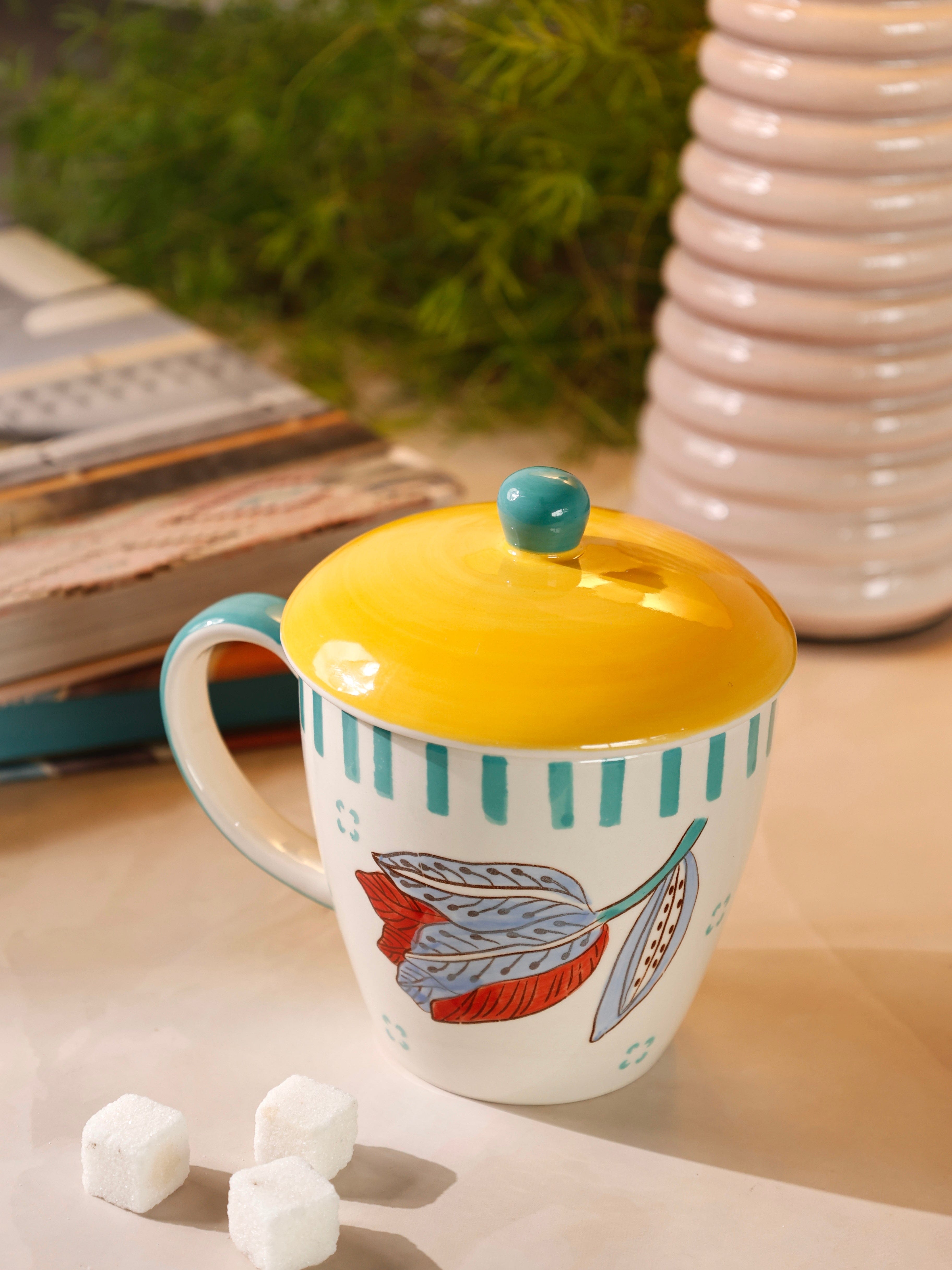 Stripe & Stem Handpainted Ceramic Coffee Mug with Lid 325ml | The Wishing Chair