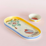 Stripe & Stem Handpainted Ceramic Oval Platter & Nutbowl