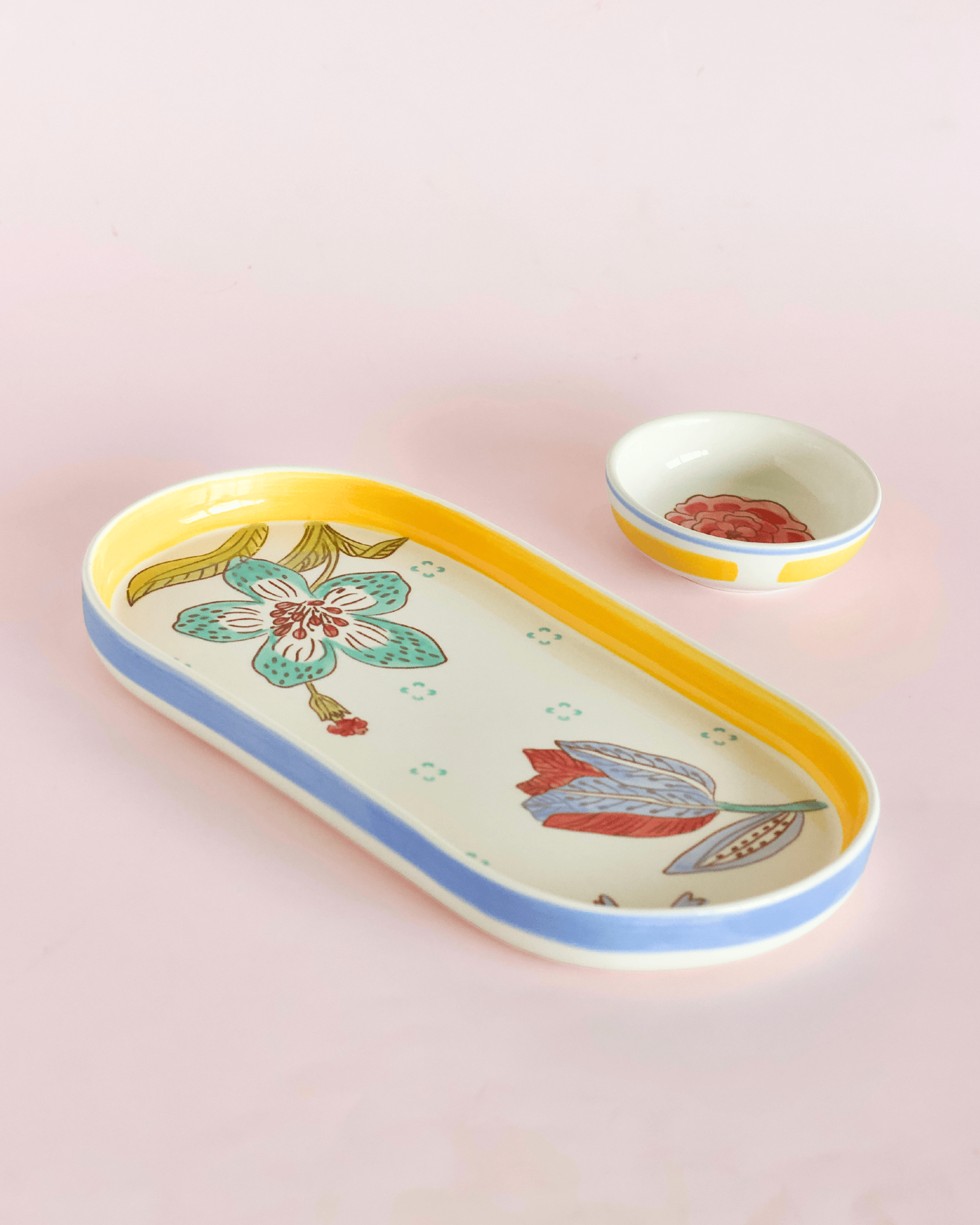 Stripe & Stem Handpainted Ceramic Oval Platter & Nutbowl