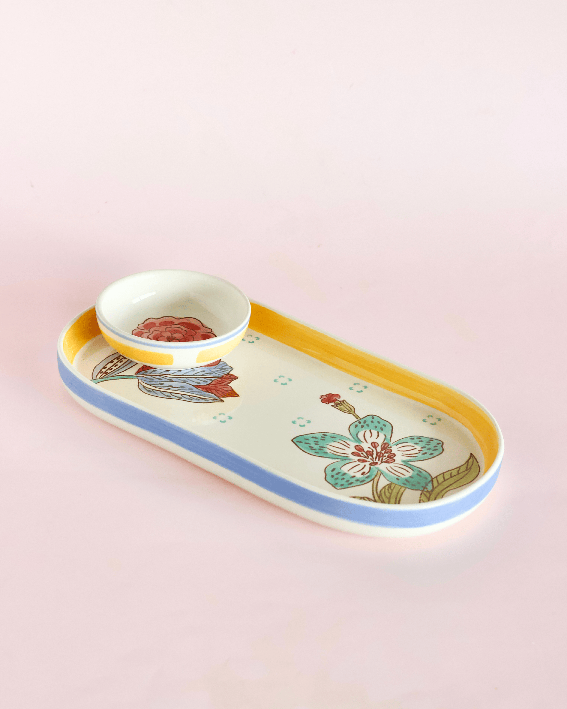 Stripe & Stem Handpainted Ceramic Oval Platter & Nutbowl