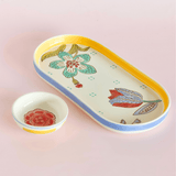Stripe & Stem Handpainted Ceramic Oval Platter & Nutbowl