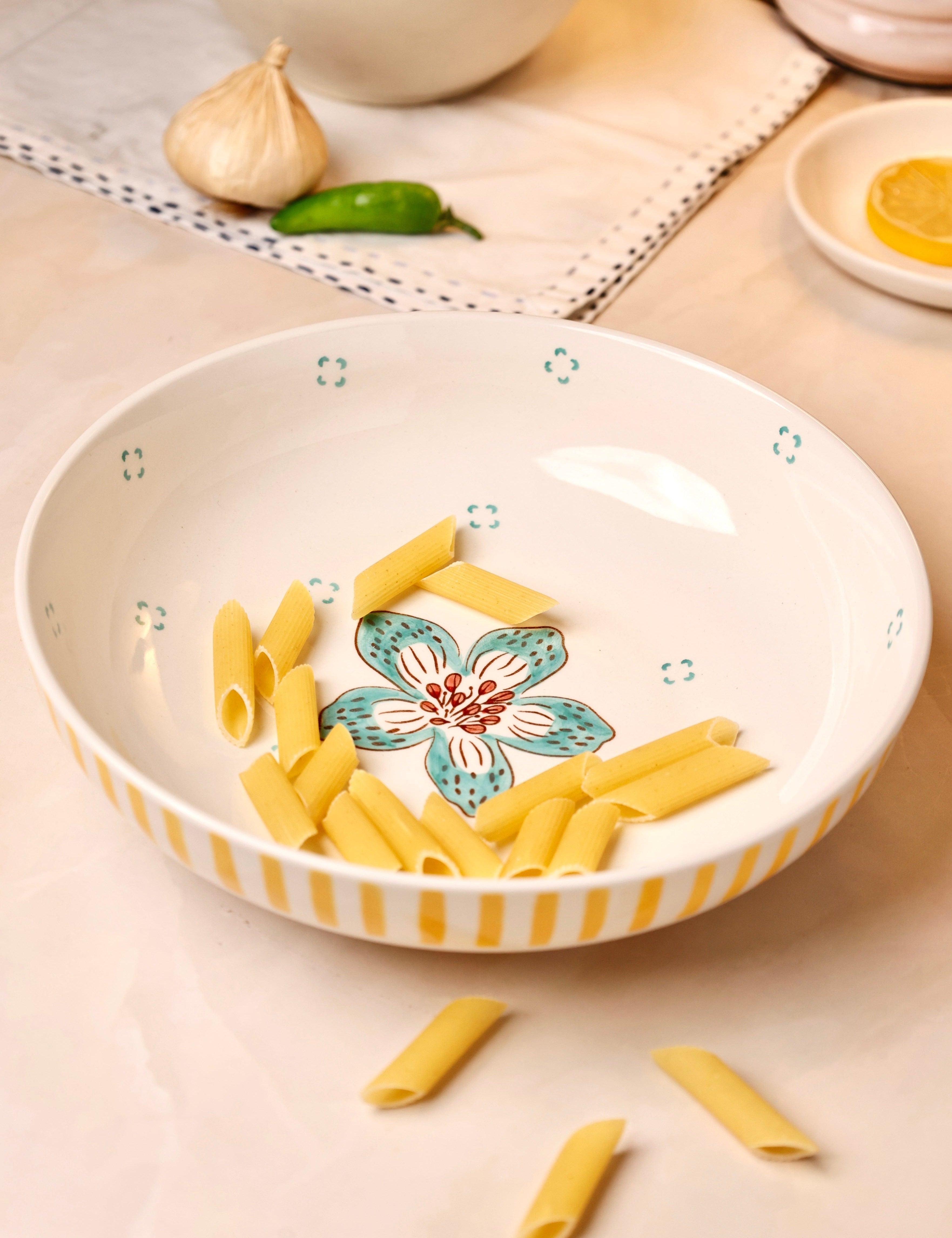 Stripe & Stem Handpainted Ceramic Pasta Bowl 21 cms