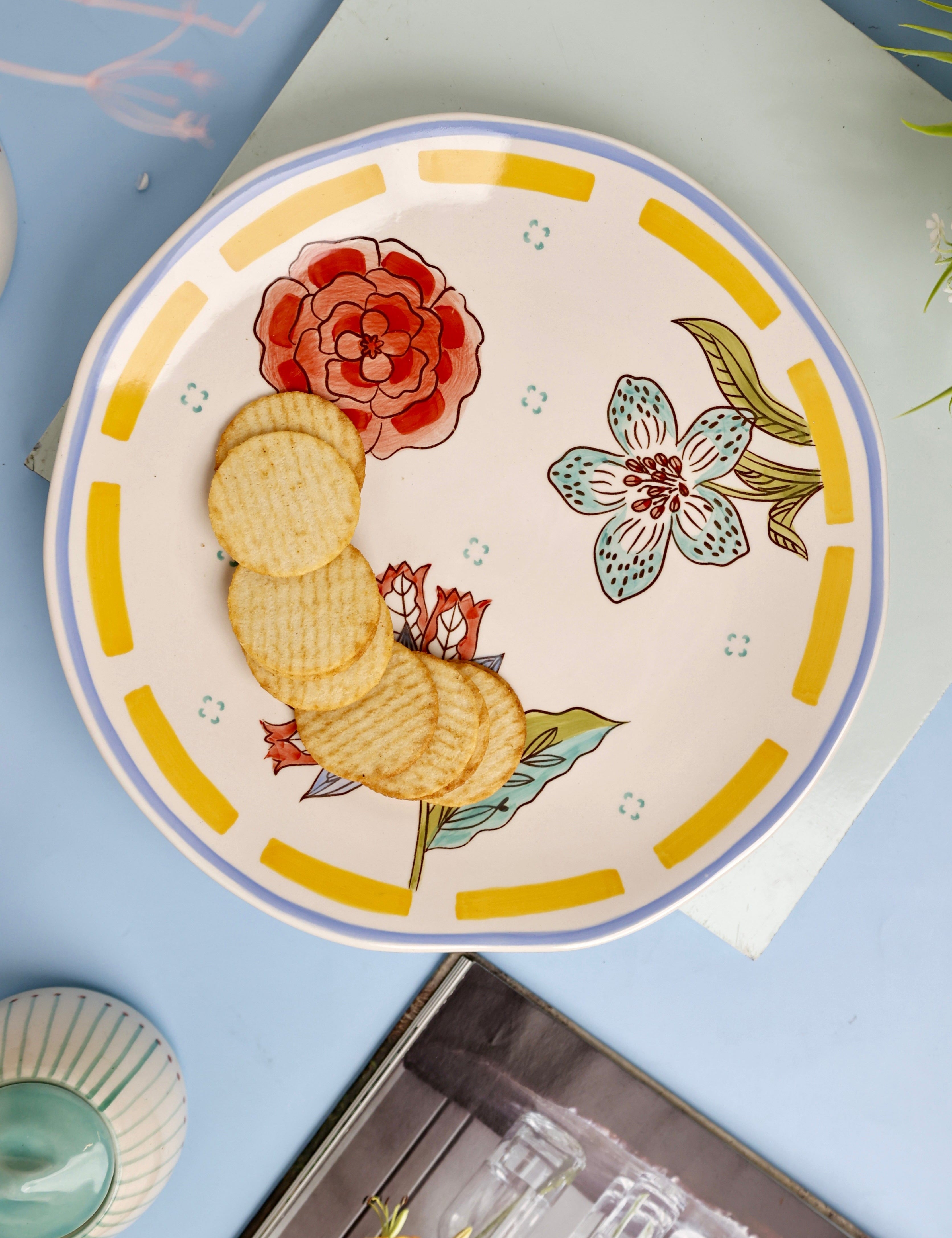 Stripe & Stem Handpainted Ceramic Round Platter 27 cms