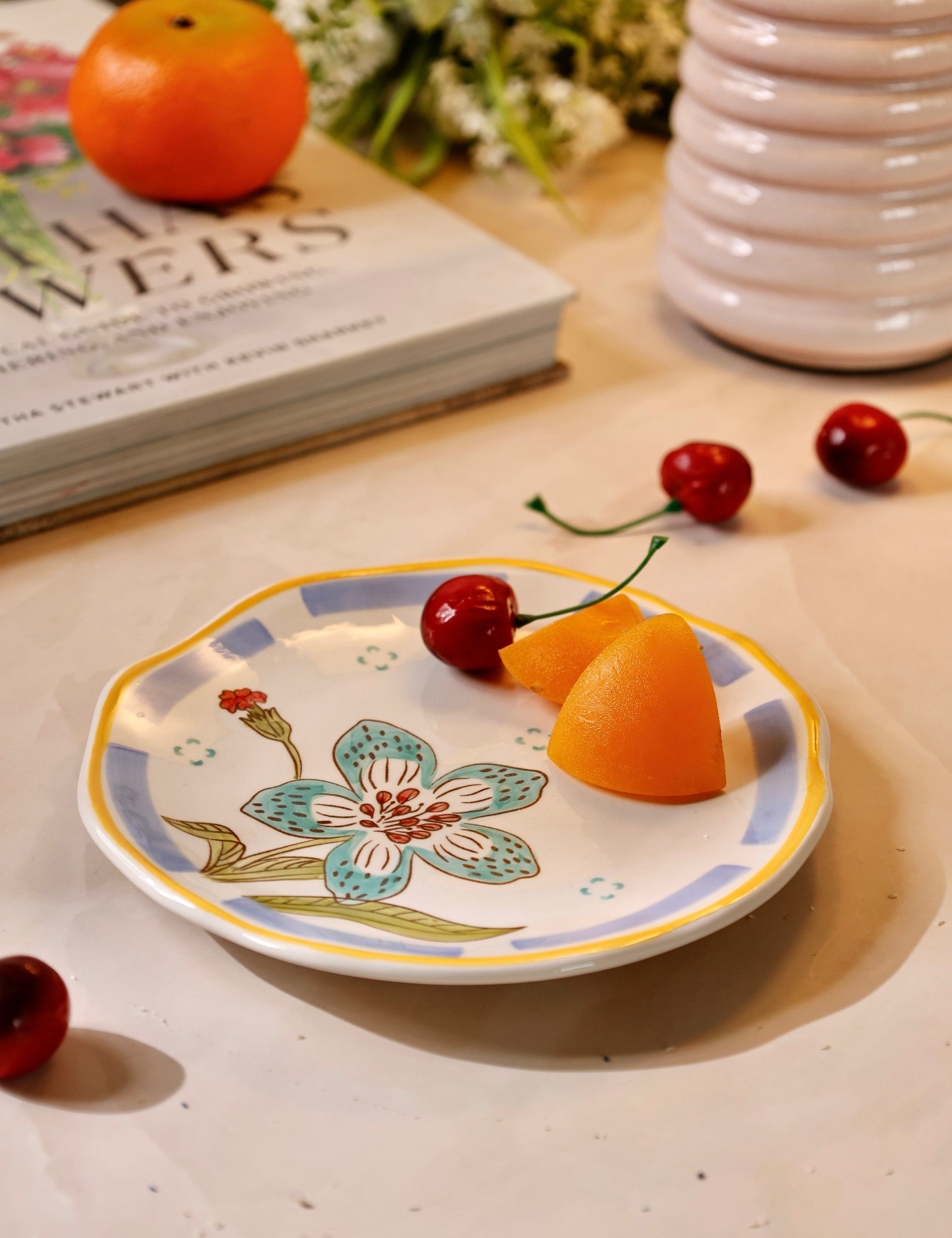 Stripe & Stem Handpainted Ceramic Snack Plate 16 cms