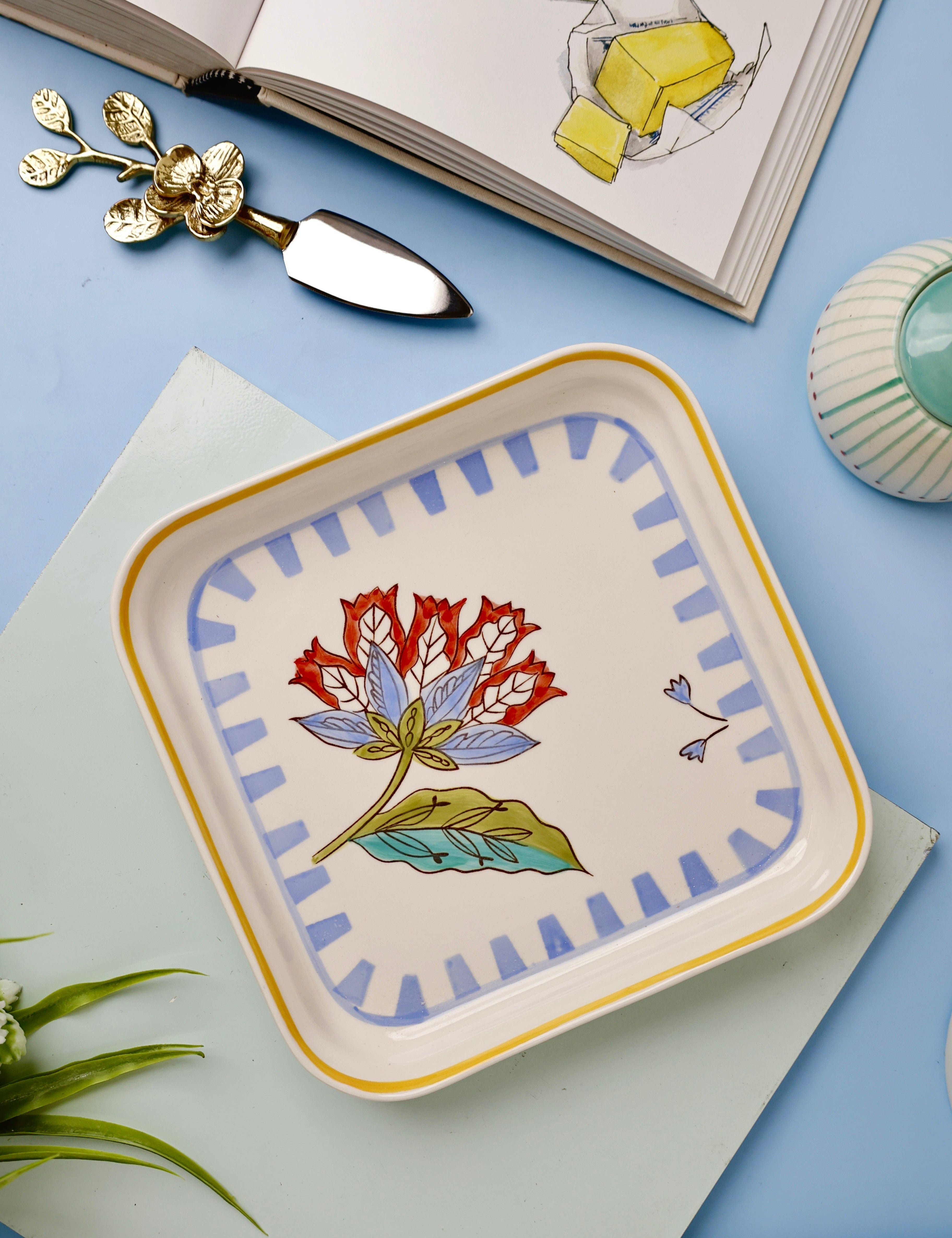 Stripe & Stem Handpainted Square Platter 20.5 cms